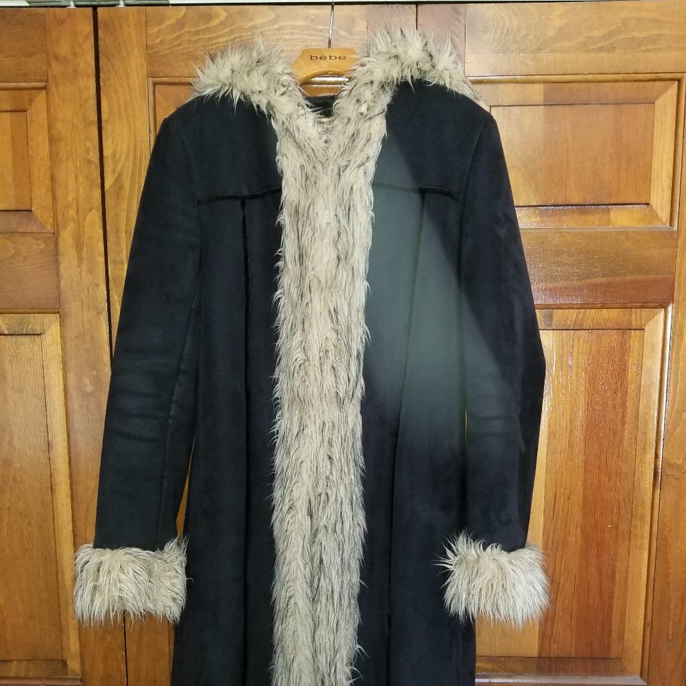 Black Full Length Suede Bebe Coat With Faux Fur